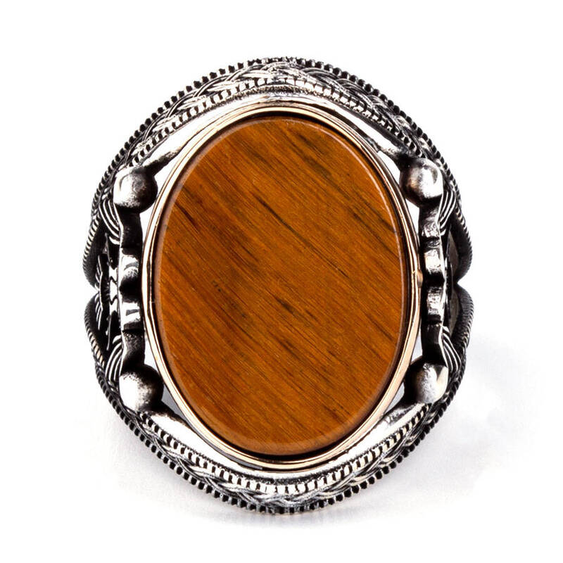 Double Headed Eagle Motif Tiger Eye Stone Sterling Silver Ring - 3