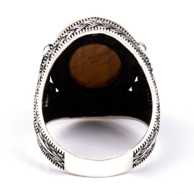 Double Headed Eagle Motif Tiger Eye Stone Sterling Silver Ring - 4