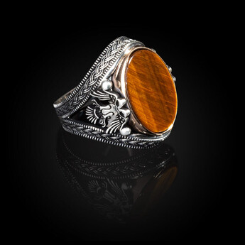 Double Headed Eagle Motif Tiger Eye Stone Sterling Silver Ring - 6