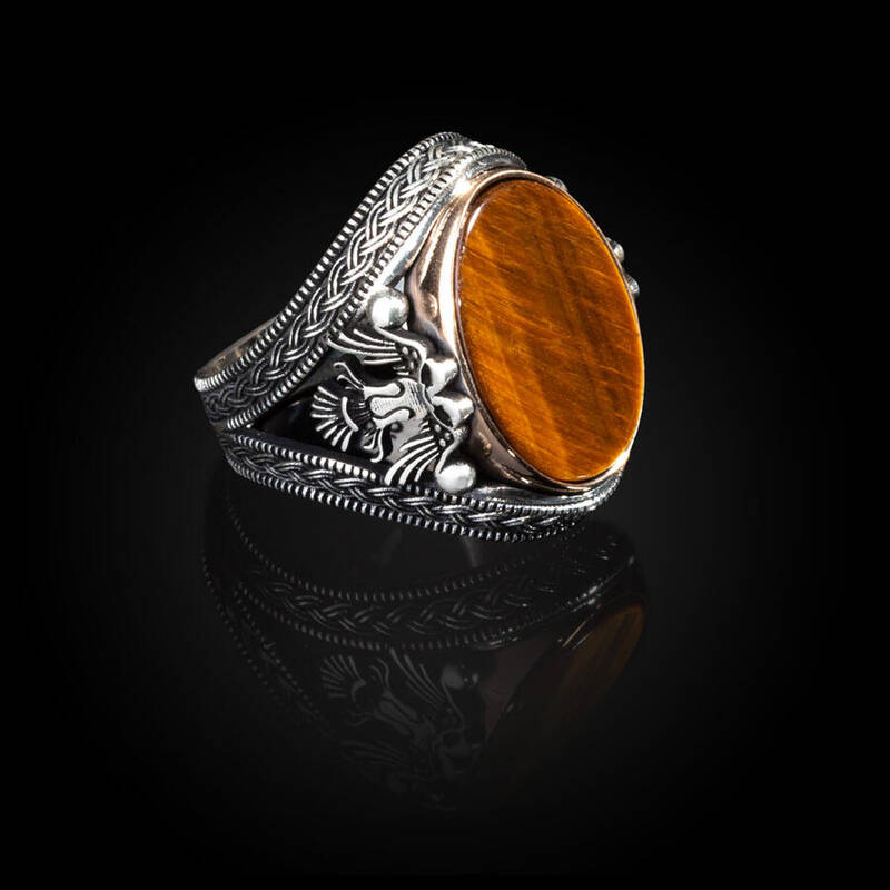 Double Headed Eagle Motif Tiger Eye Stone Sterling Silver Ring - 6