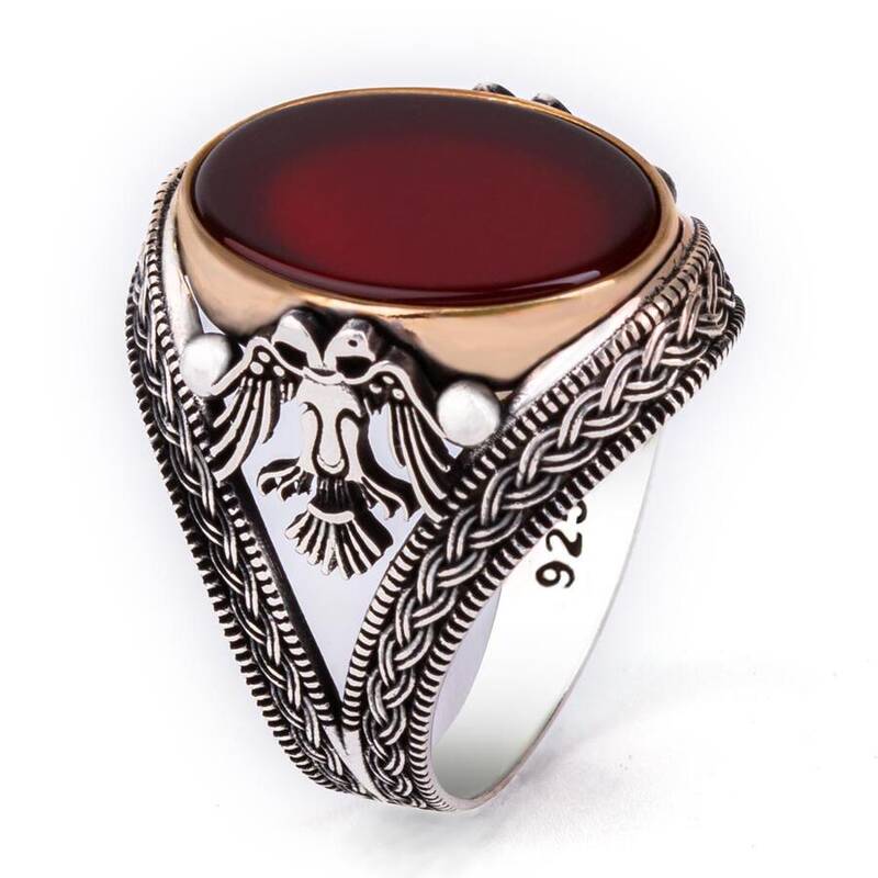 Double Headed Eagle Patterned Blood Red Agate Stone Silver - 2