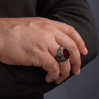 Double Headed Eagle Patterned Blood Red Agate Stone Silver - 5