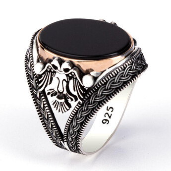 Double Headed Eagle Patterned Black Zircon Stone Silver - 2